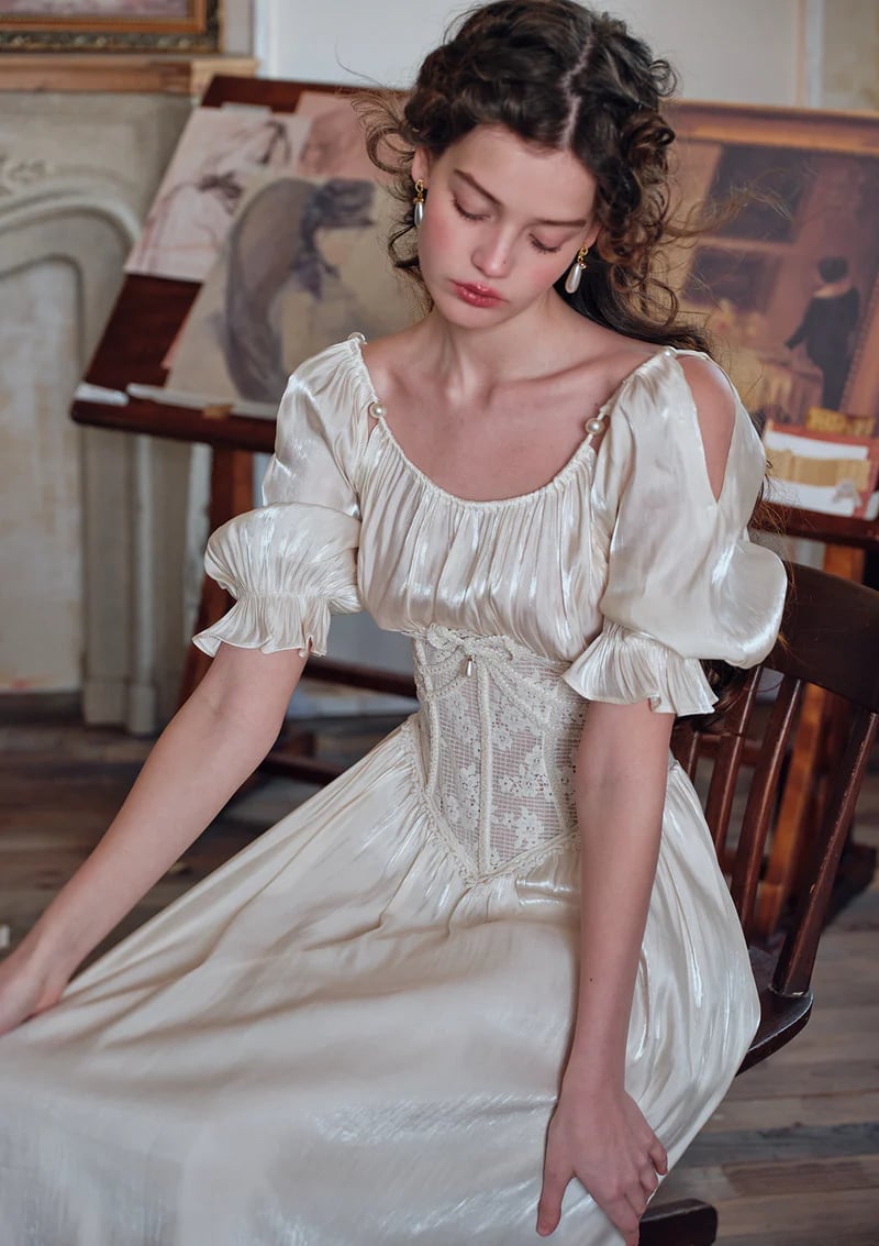 Cream Corset Dress Lace Detail Off-Shoulder Sleeves — Elegant Corset Dresses