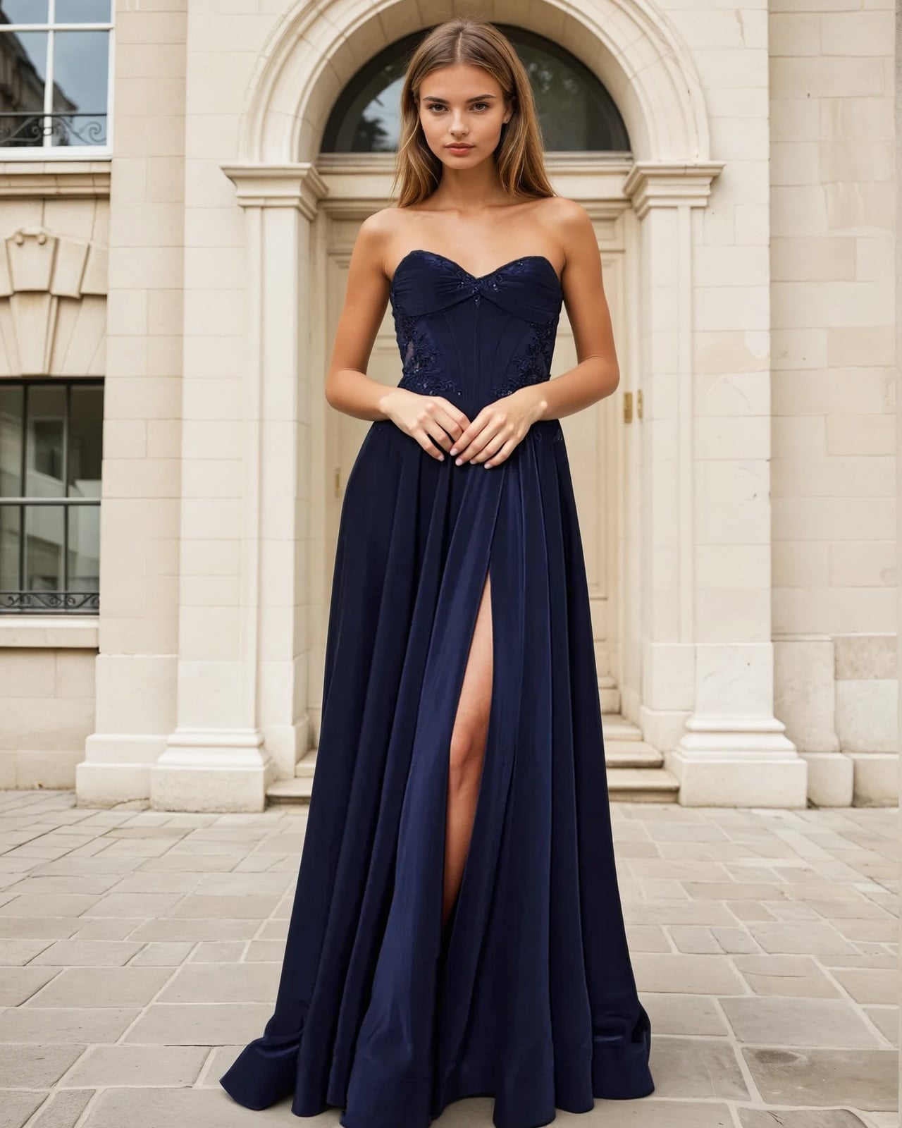 Navy Satin Corset Gown Strapless Sweetheart High Slit — Elegant Corset Dresses