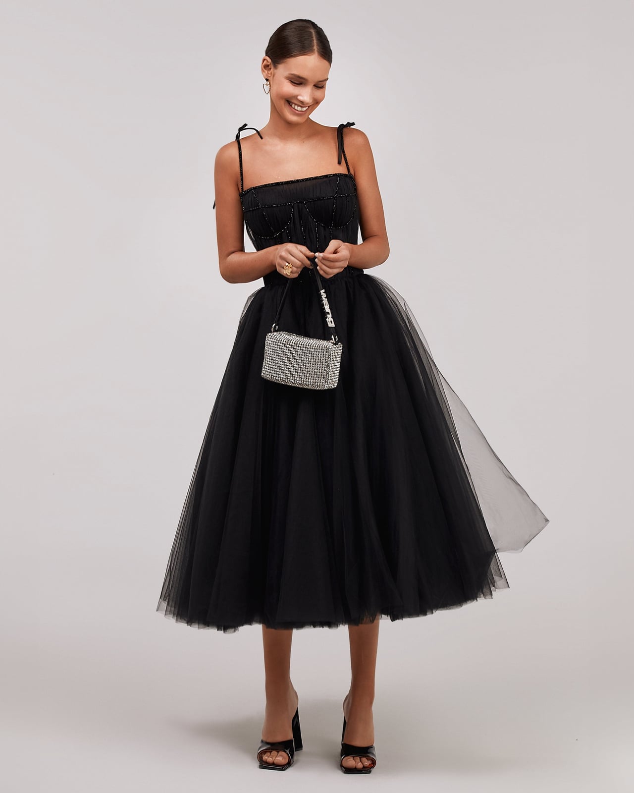 Black Tulle Dress Beaded Corset Bodice Full Skirt — Elegant Corset Dresses