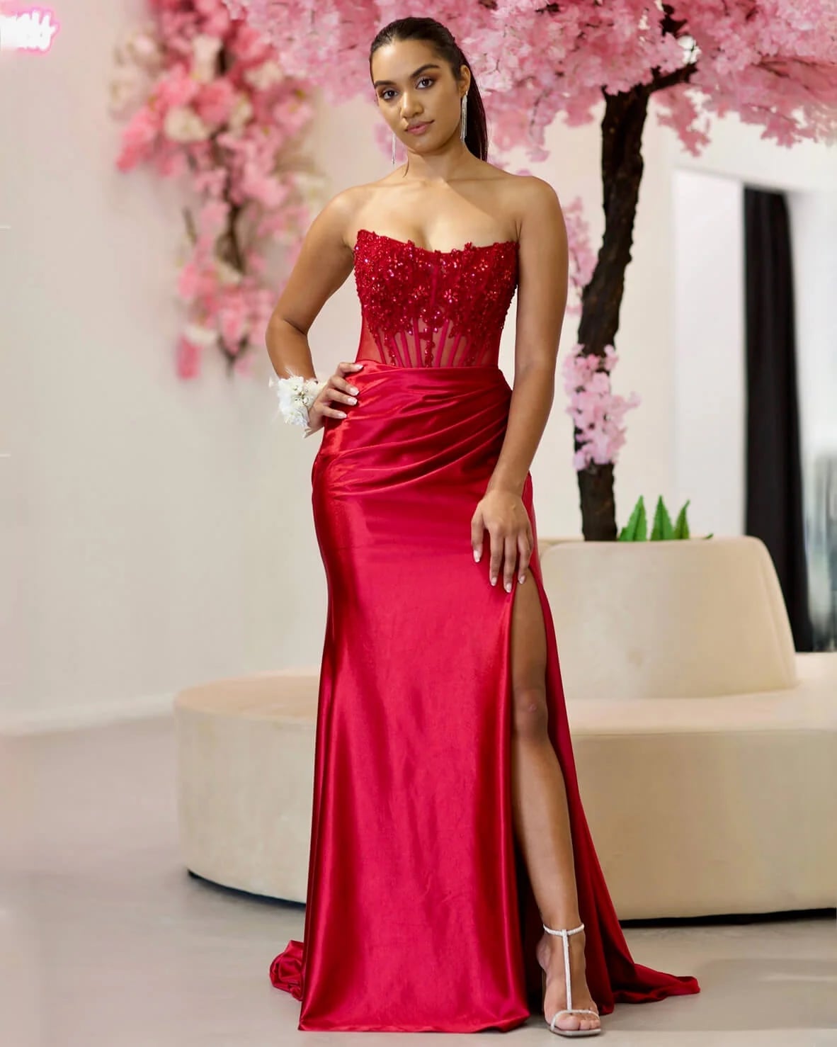 Red Corset Dress Sequined Bodice Satin Skirt High Slit — Elegant Corset Dresses