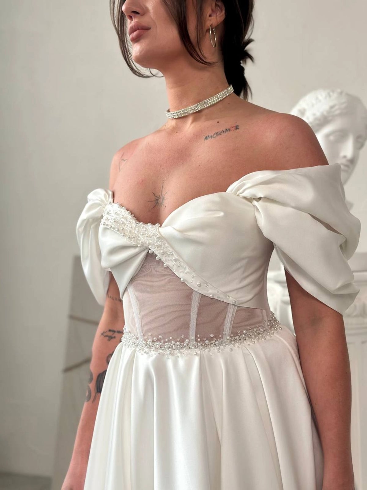 White Off-Shoulder Dress Beaded Corset Bodice Voluminous Sleeves — Elegant Corset Dresses