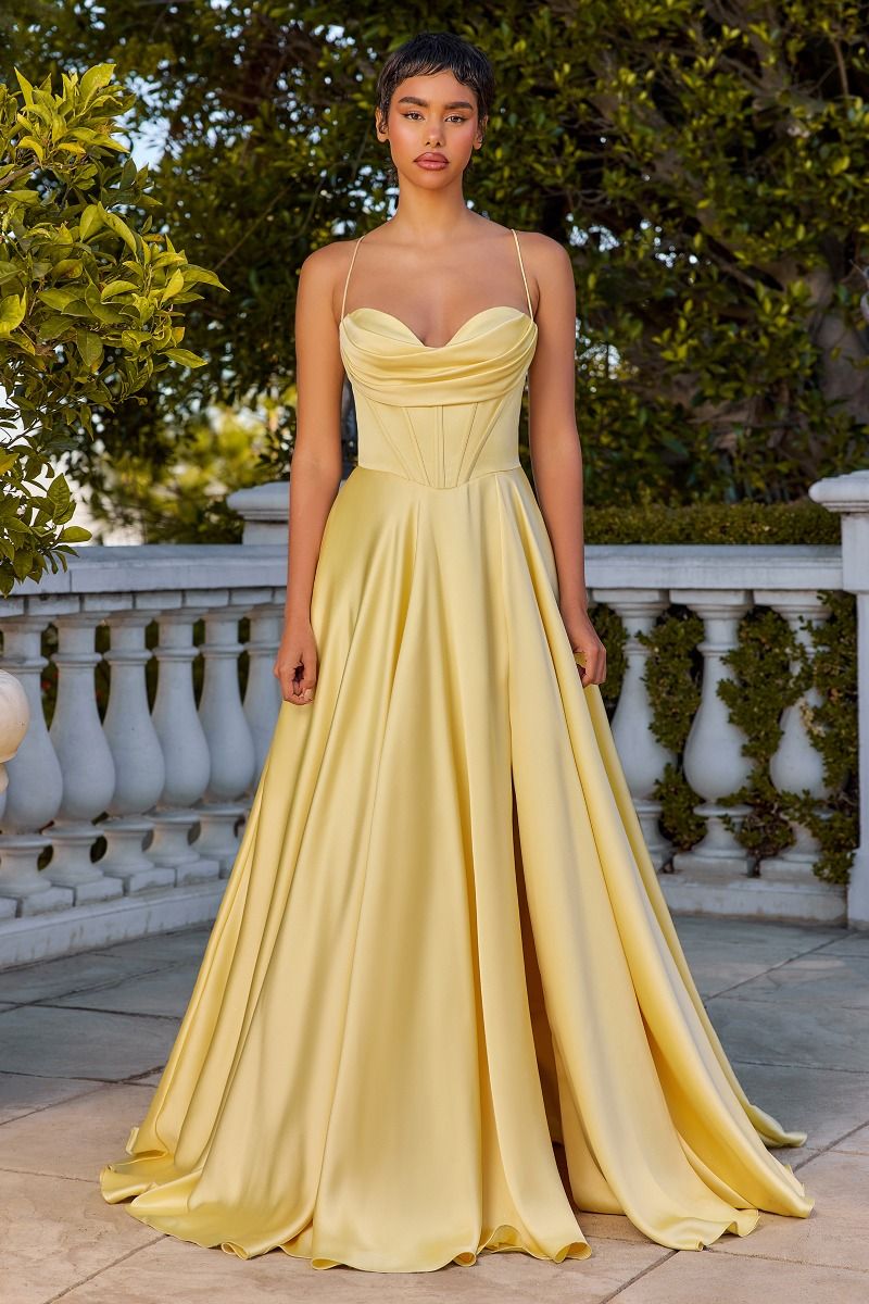 Yellow Satin Corset Dress Spaghetti Straps Full A-Line Skirt — Elegant Corset Dresses