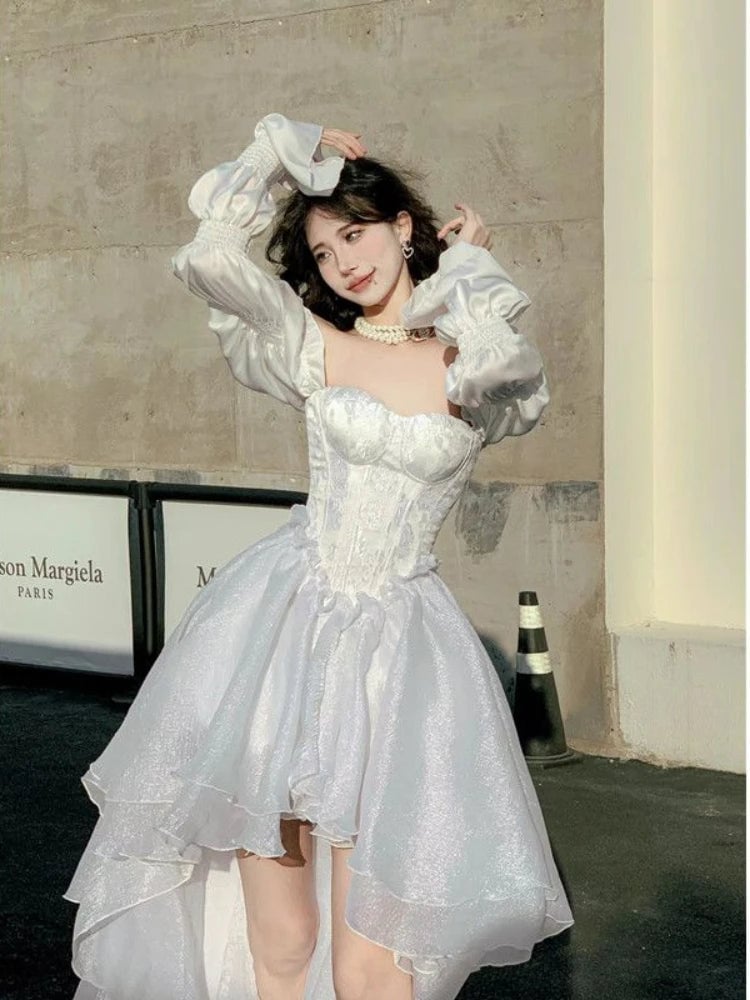 White Corset Dress Ruffled High-Low Skirt Lace Detail — Elegant Corset Dresses