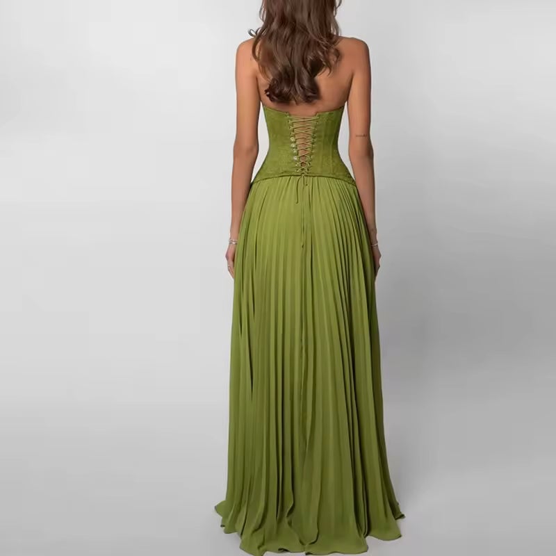 Olive Green Maxi Dress Lace-Up Corset Top Pleated Skirt — Elegant Corset Dresses