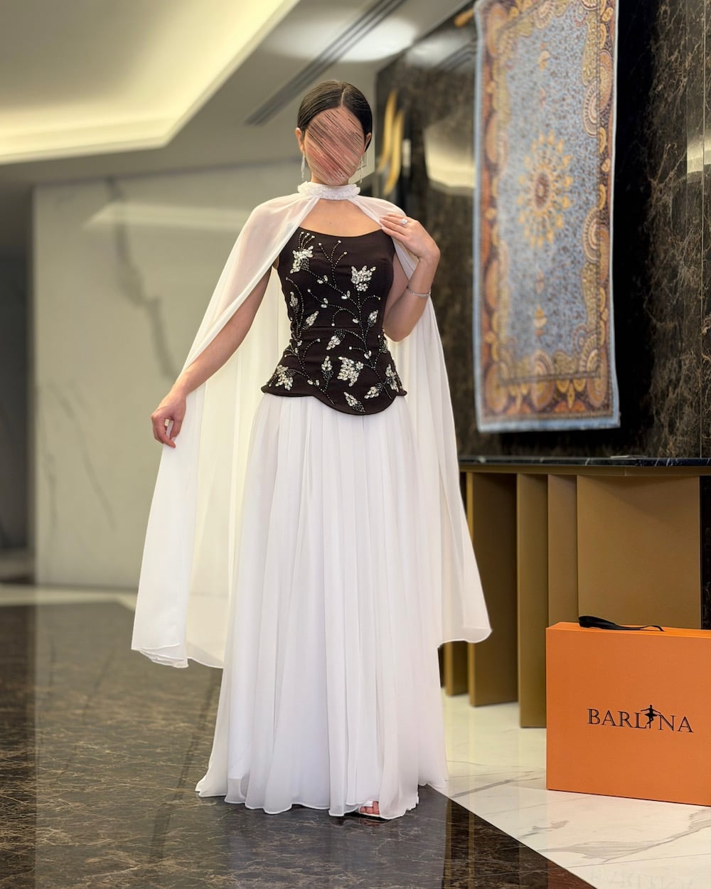 Brown Embroidered Corset Top White Pleated Skirt Sheer Cape — Elegant Corset Dresses