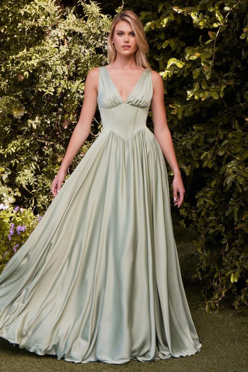 Sage Satin Corset Dress V-Neckline A-Line Skirt — Elegant Corset Dresses