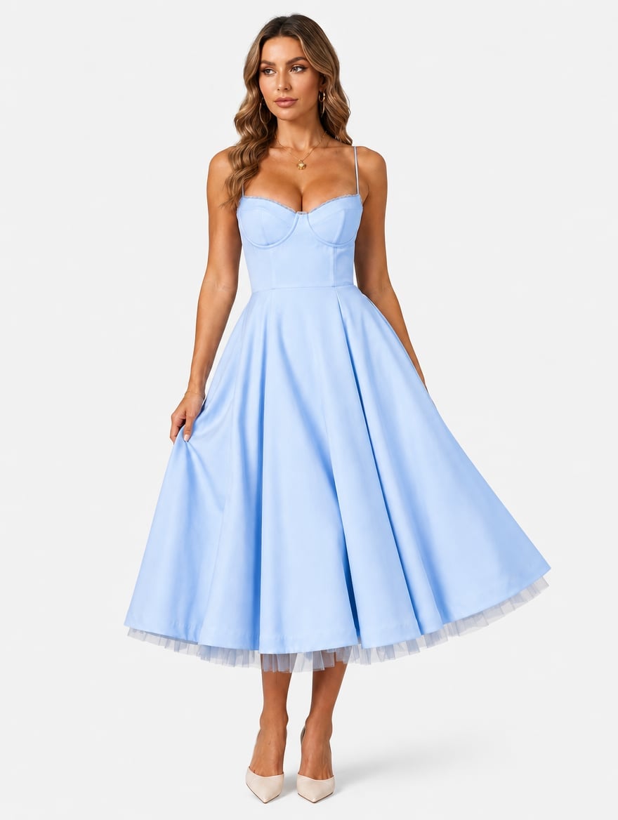 Light Blue Fit and Flare Dress Corset Bustier Tulle Underskirt — Elegant Corset Dresses
