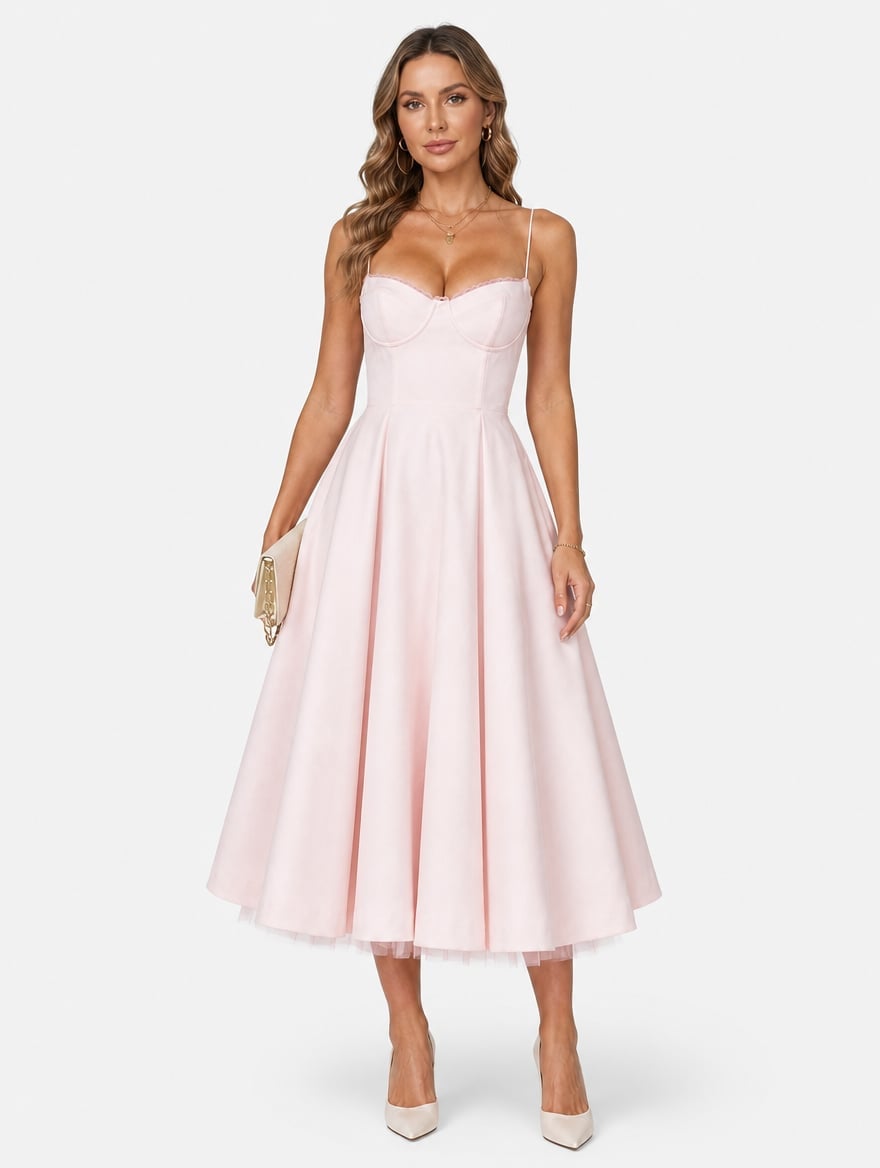 Pale Pink Corset Midi Dress A-Line Skirt — Elegant Corset Dresses
