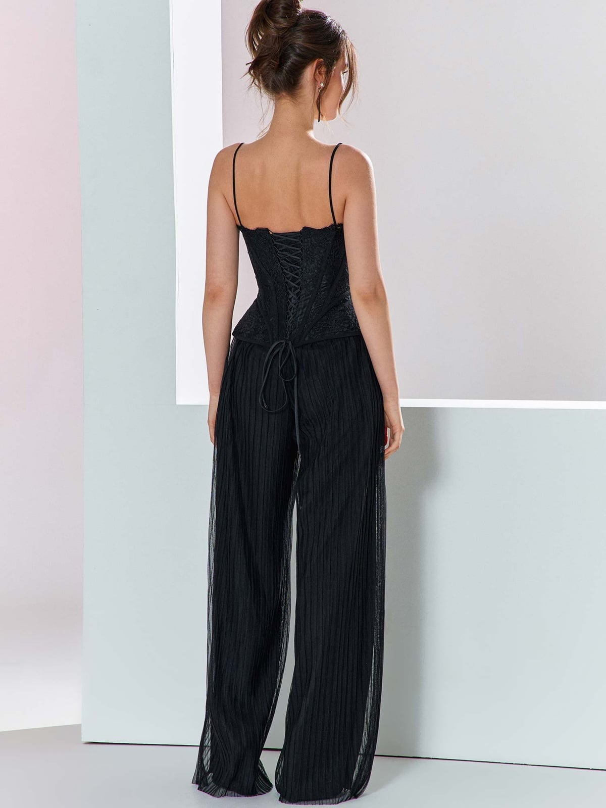 Black Lace Corset Top with Wide-Leg Pleated Tulle Pants — Elegant Corset Outfits