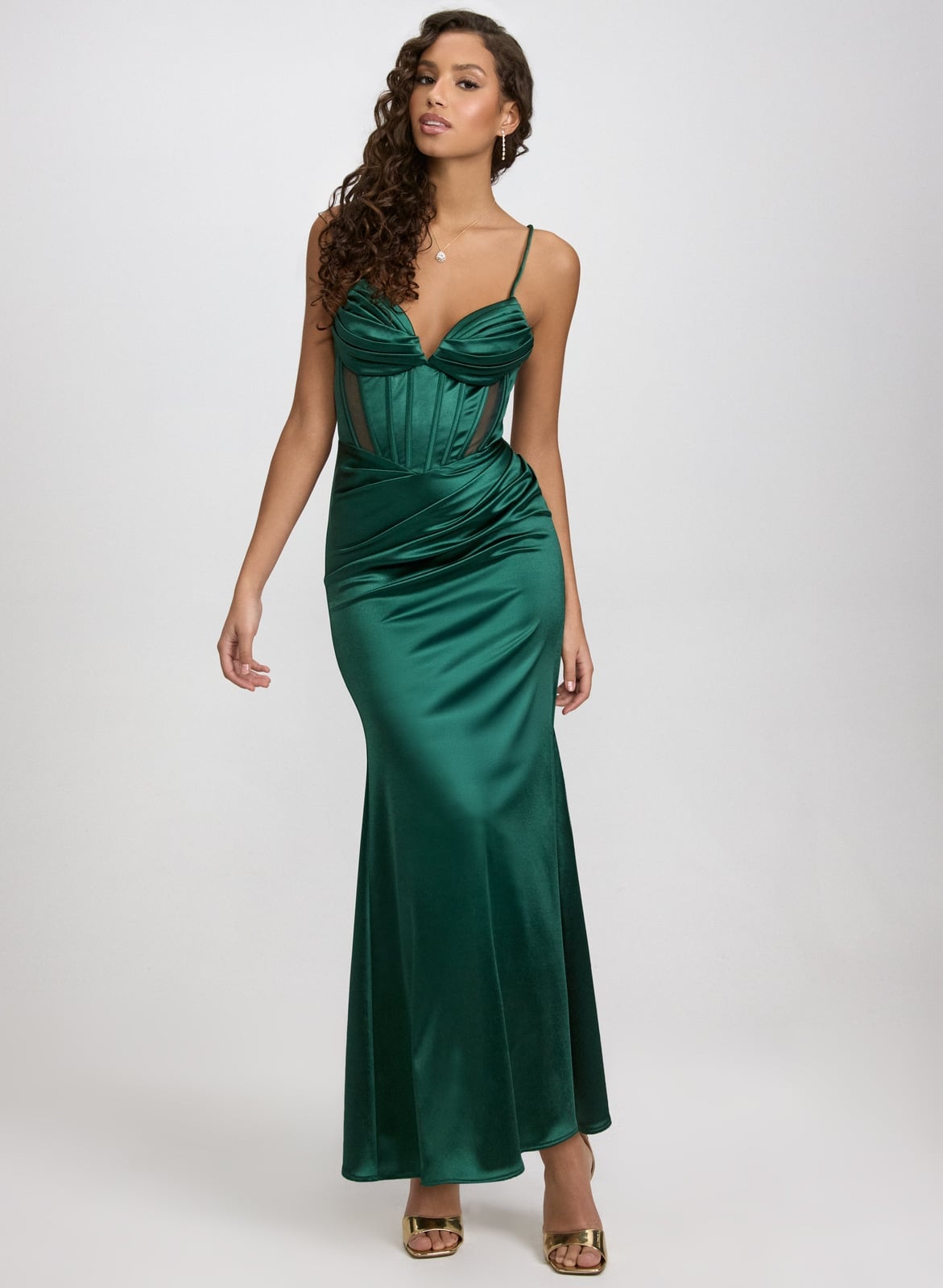 Emerald Green Satin Corset Dress with Sheer Mesh Panels — Elegant Corset Outfits