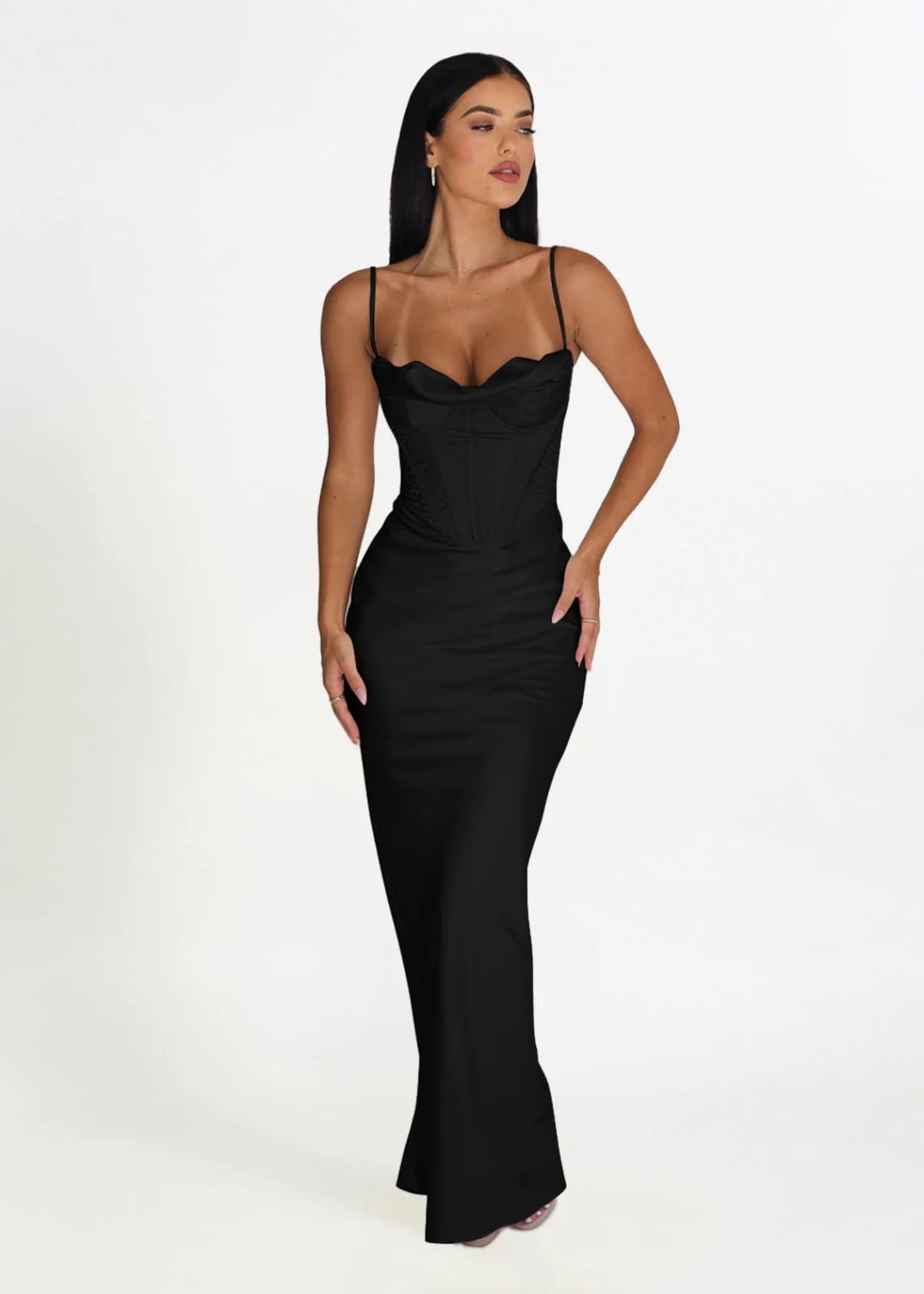 Black Textured Corset Maxi Dress with Spaghetti Straps — Elegant Corset Outfits