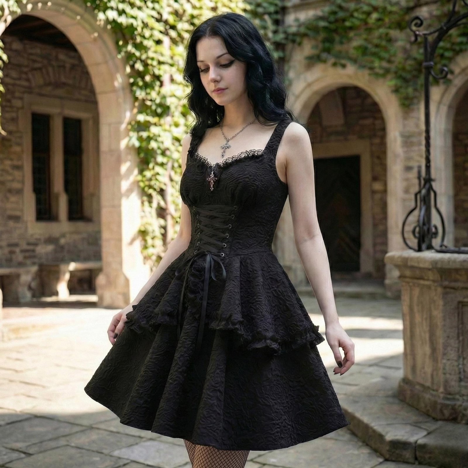 Black Gothic Corset Mini Dress with Ruffled Tiers — Elegant Corset Outfits