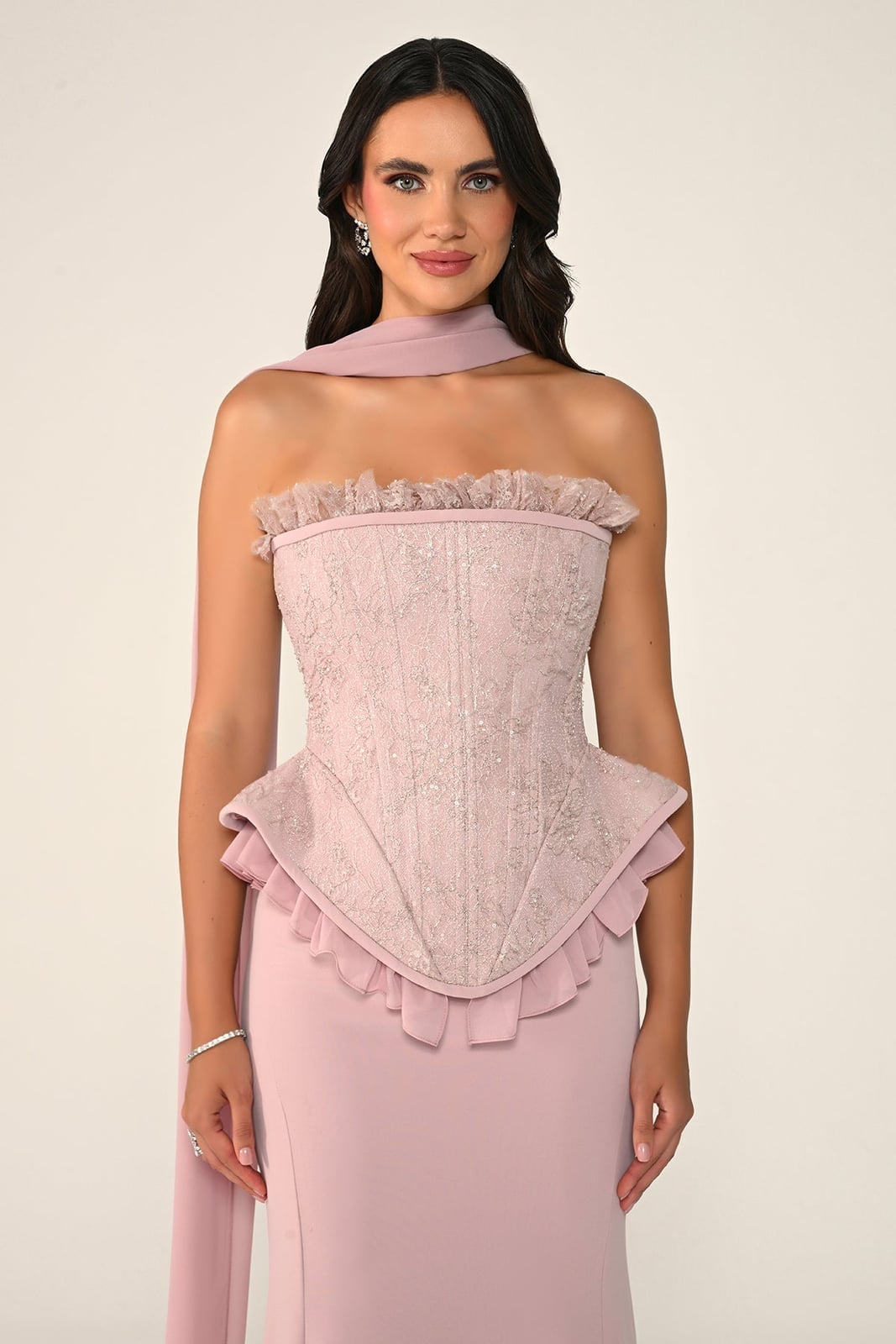 Pale Pink Corset Gown with Ruffled Trim Detail — Elegant Corset Outfits