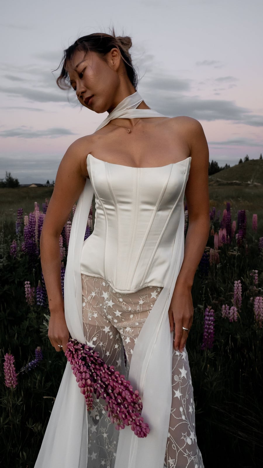 Ivory Satin Corset with Embroidered Sheer Trousers and Scarf — Elegant Corset Outfits