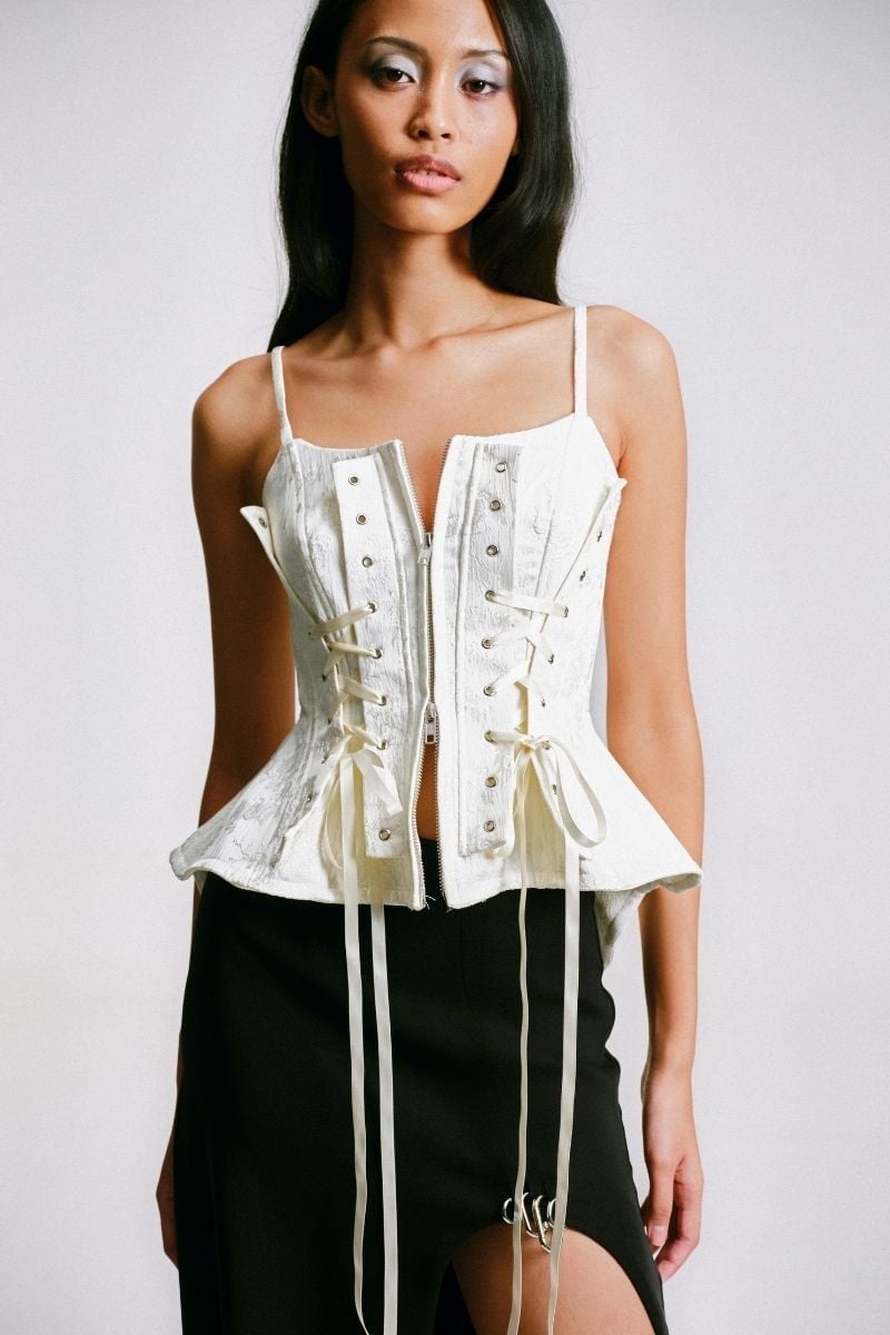 White Brocade Corset with Lace-Up Detail and Black Skirt — Elegant Corset Outfits