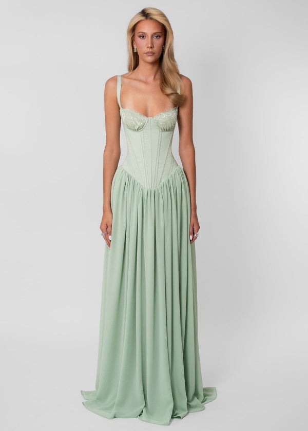 Sage Green Corset Dress with Lace Detail and Pleated Skirt — Elegant Corset Outfits
