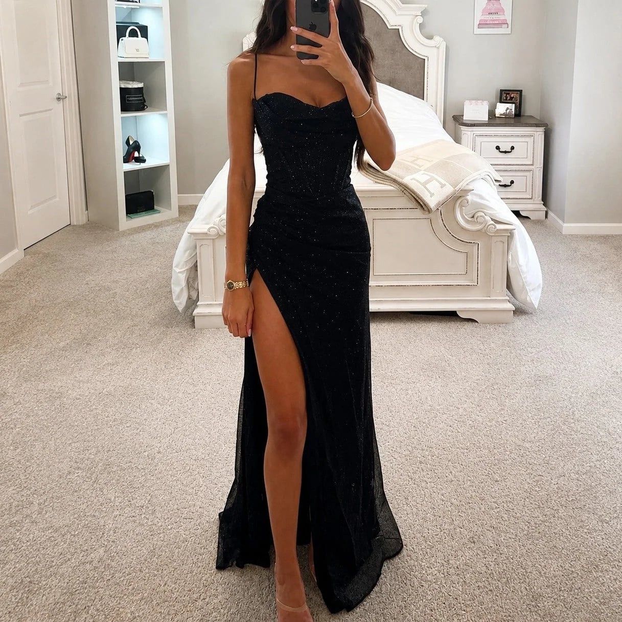 Black Glitter Mesh Corset Dress with High Slit — Elegant Corset Outfits