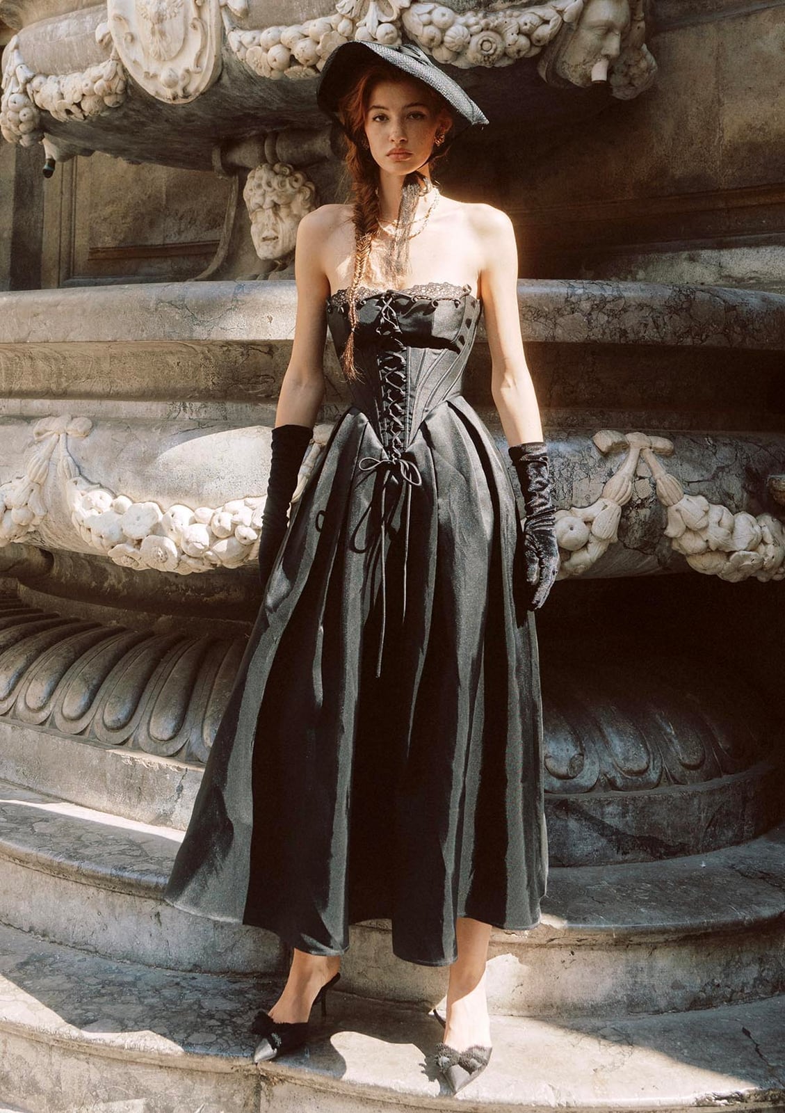 Black Lace-Up Corset with Voluminous Taffeta Skirt and Long Gloves — Elegant Corset Outfits