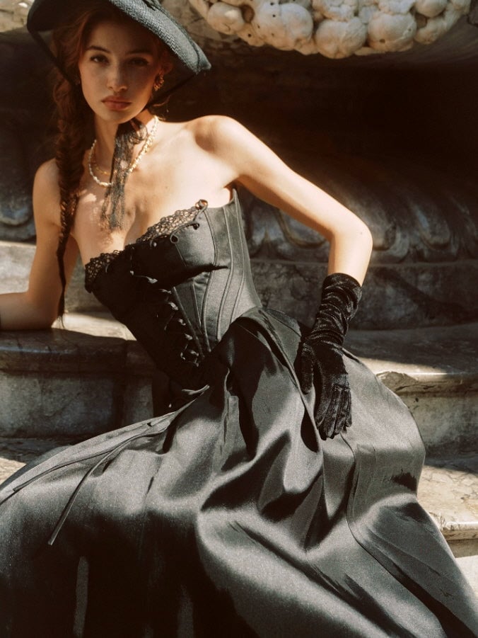 Black Satin Corset Dress with Lace Trim and Full Skirt — Elegant Corset Outfits