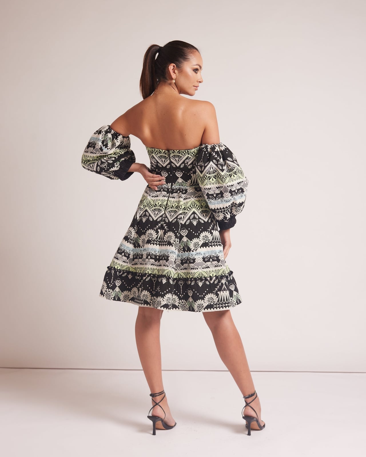 Patterned Corset Mini Dress with Voluminous Off-Shoulder Sleeves — Elegant Corset Outfits