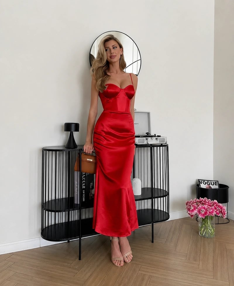 Red Satin Corset Dress with Draped Waist and Mermaid Skirt — Elegant Corset Outfits