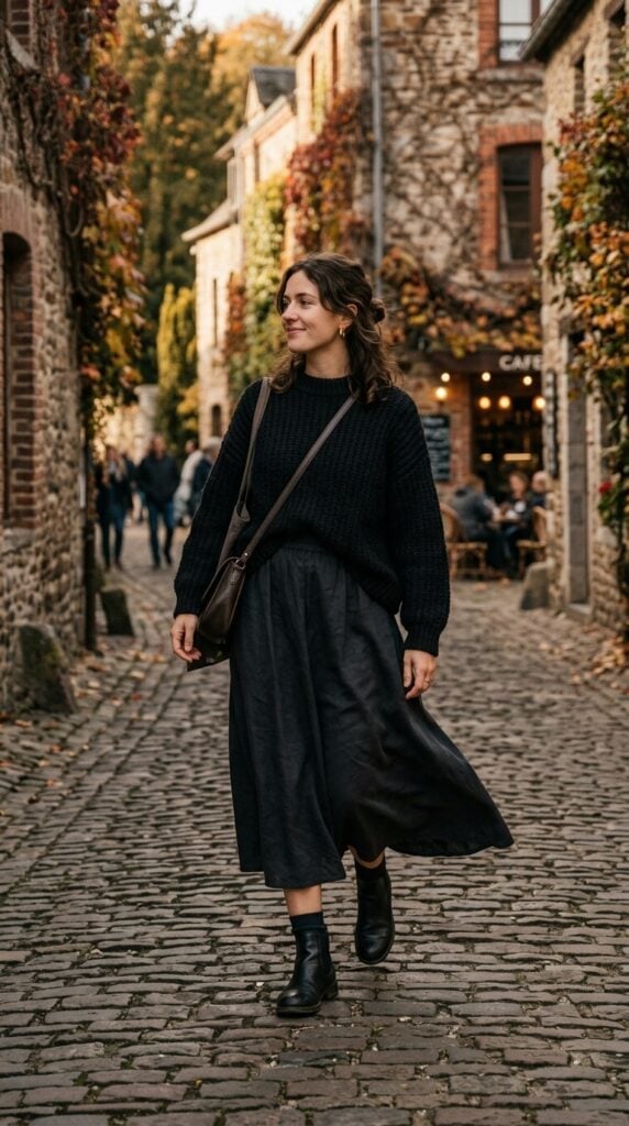 Black Cape Over a Mini Dress with Knee-High Boots — Elegant Dark Outfits