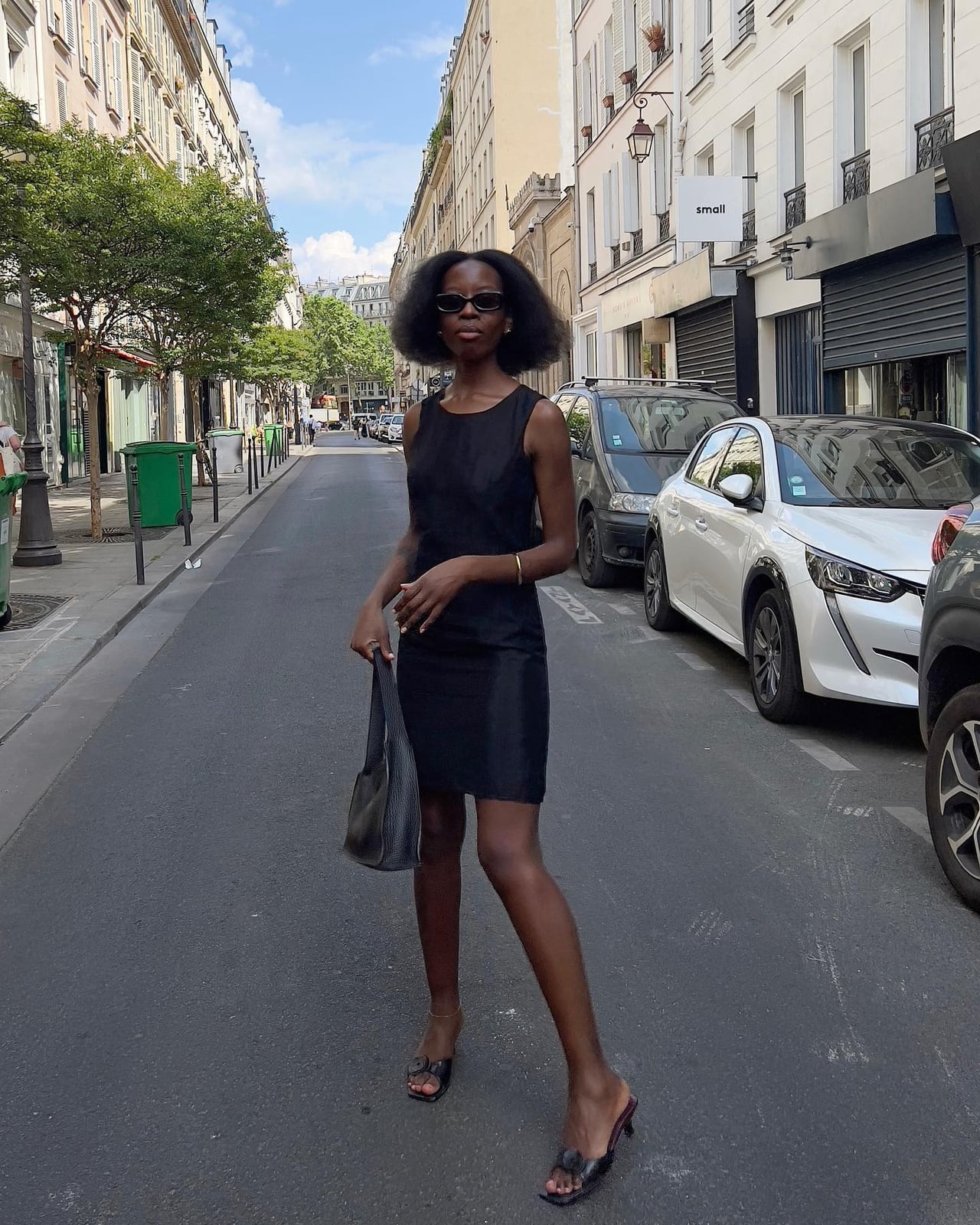 Minimalist Black Sheath Dress with Heeled Sandals — Elegant Dark Outfits