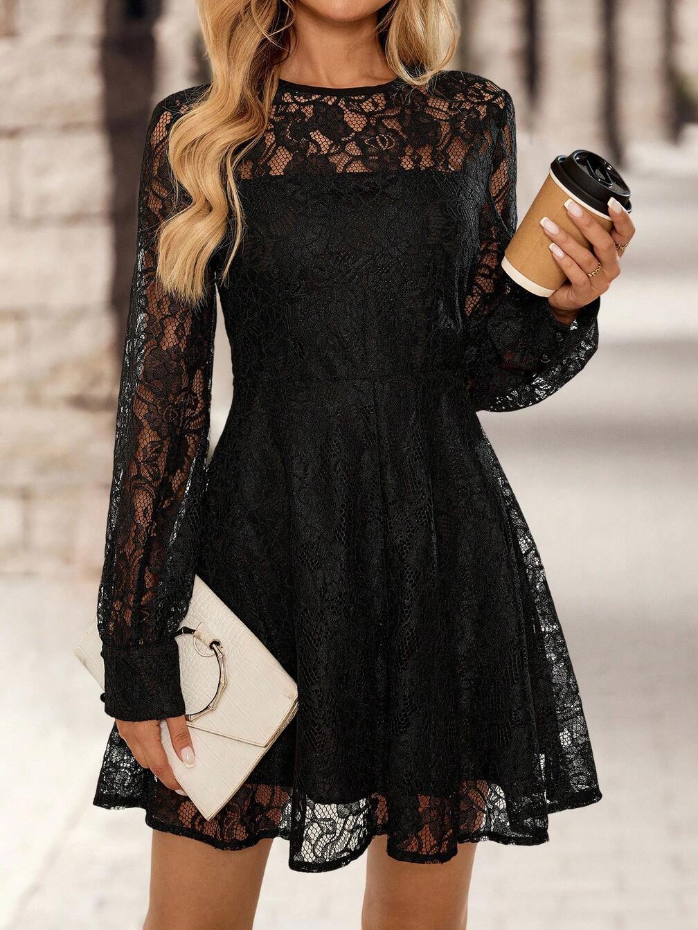 Black Lace Mini Dress with White Clutch — Elegant Dark Outfits