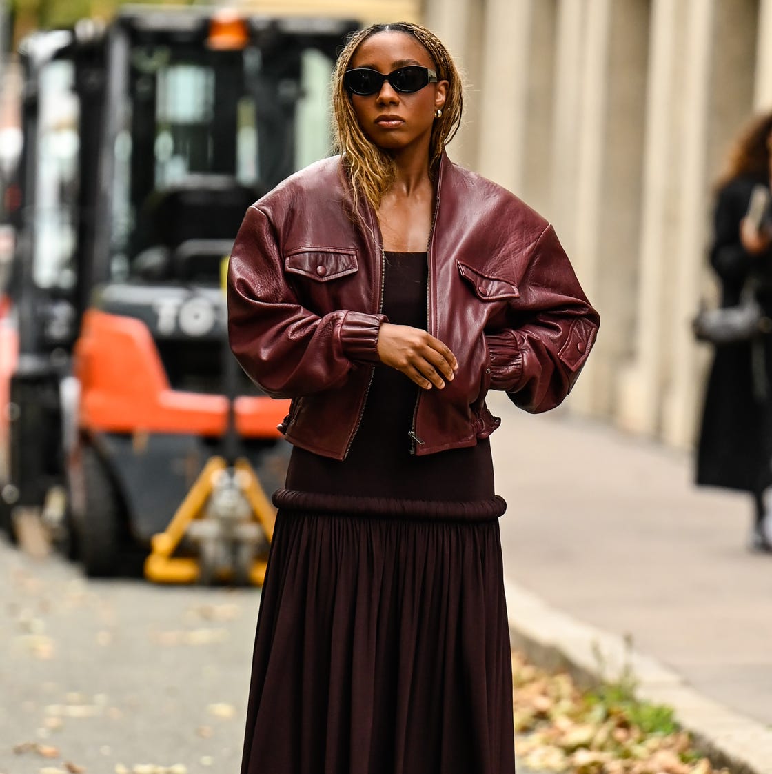 Cropped Leather Bomber Jacket Over Midi Dress — Elegant Dark Outfits