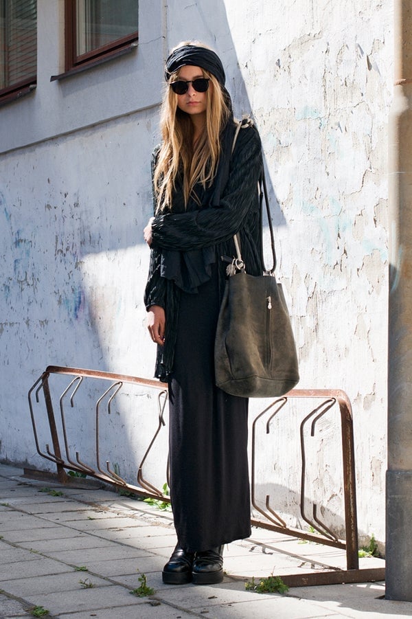 Black Cardigan Over Maxi Dress with Headscarf — Elegant Dark Outfits
