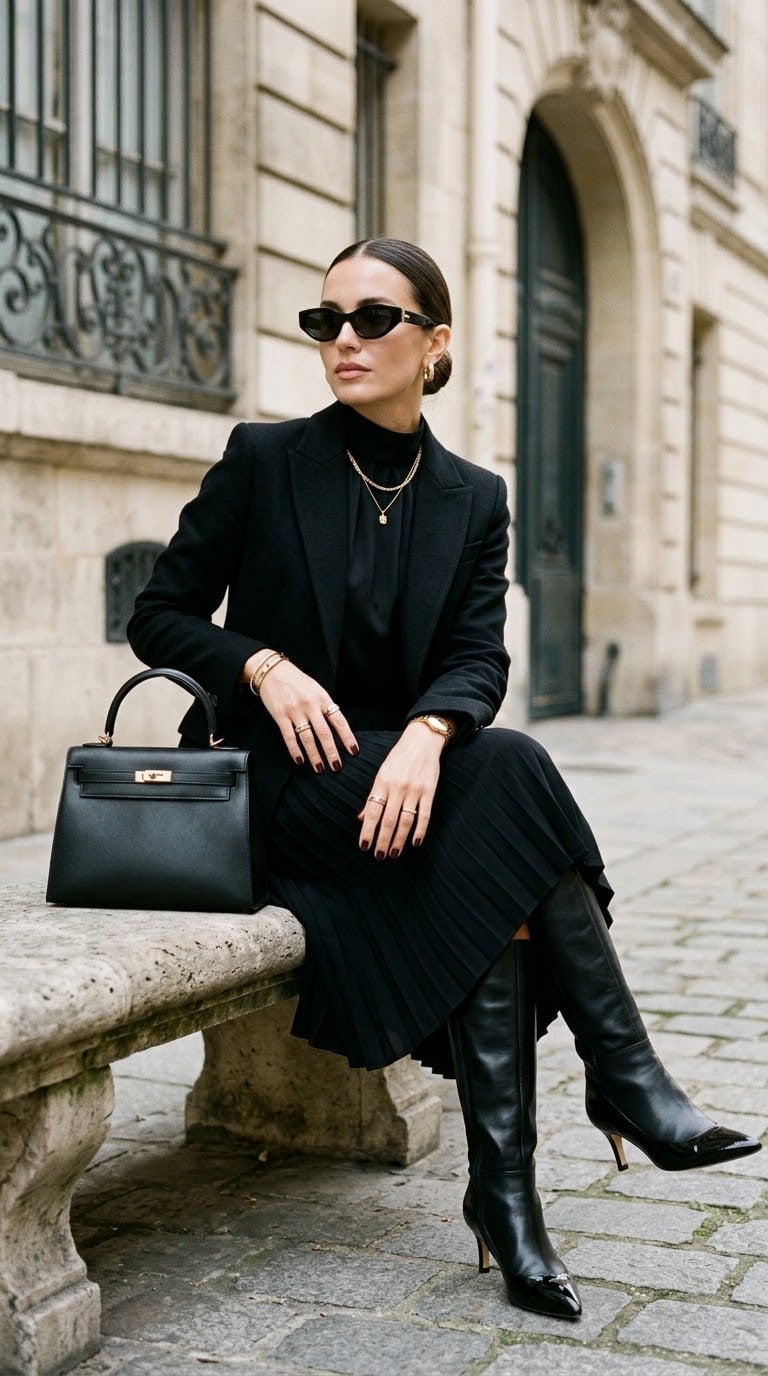 Tailored Black Blazer with Midi Skirt and Turtleneck — Elegant Dark Outfits