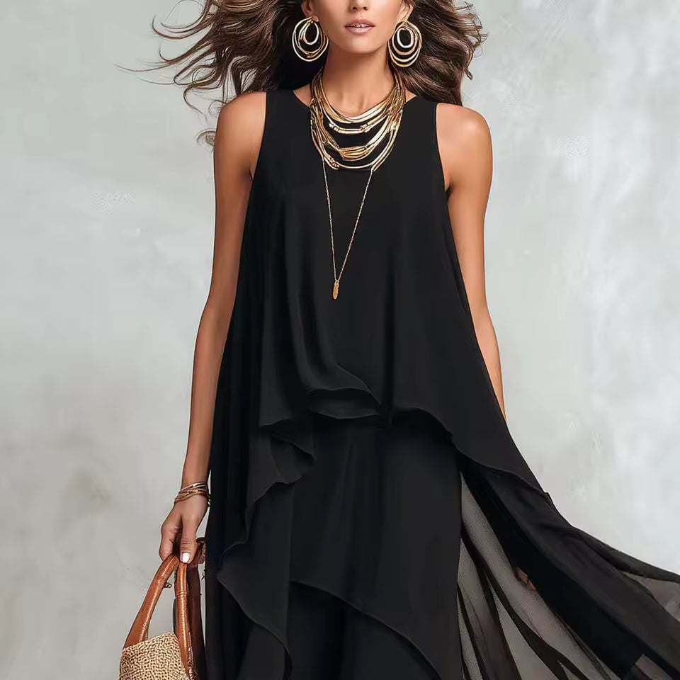 Layered Black Chiffon Dress with Tiered Hem — Elegant Dark Outfits