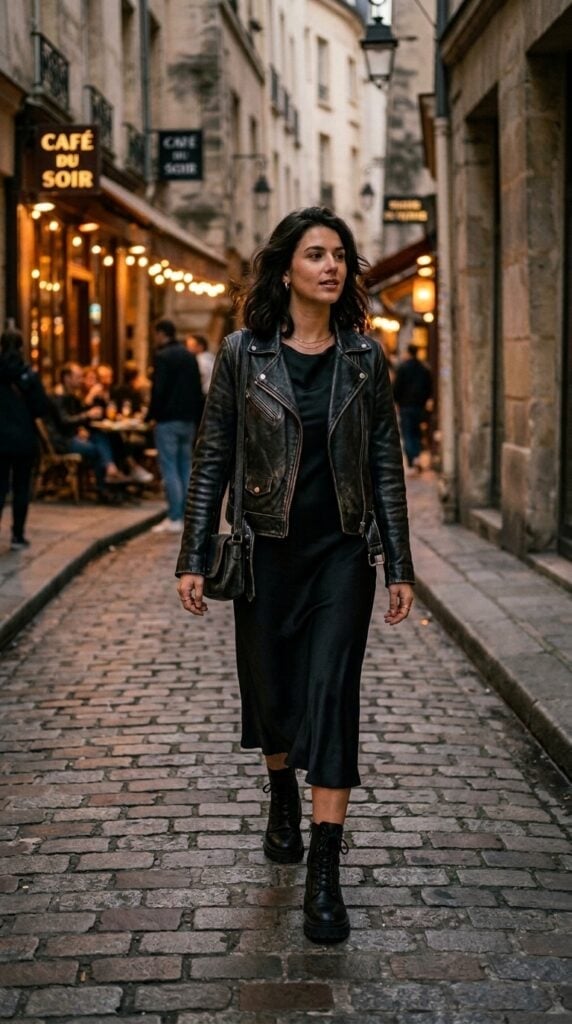 Black Slip Dress with Leather Jacket and Combat Boots — Elegant Dark Outfits
