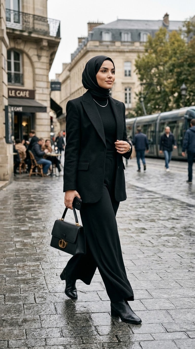 Monochromatic Black Suit with Wide-Leg Trousers — Elegant Dark Outfits