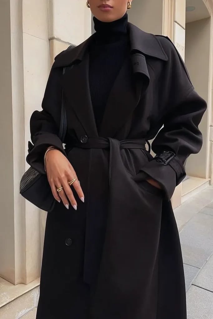 Black Slip Dress with White Fringed Shawl — Elegant Dark Outfits