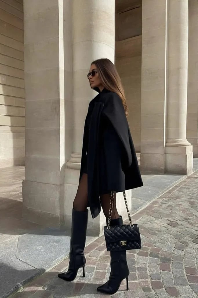 Dark Grey Midi Skirt with Black Knit Sweater — Elegant Dark Outfits