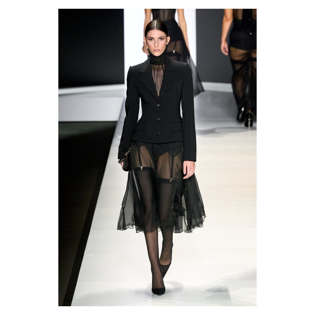 Black Power Suit with Sheer Turtleneck and Skirt — Elegant Dark Outfits