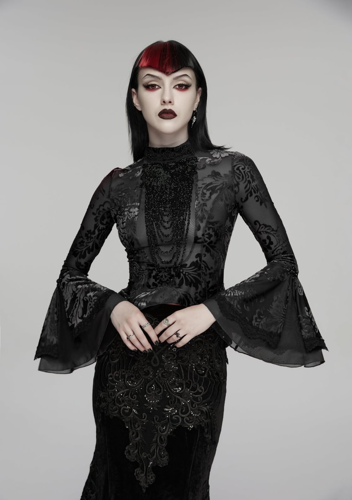 Punk Rave Seraphine Elegant Goth Blouse | Black Beaded Lace Mesh Top