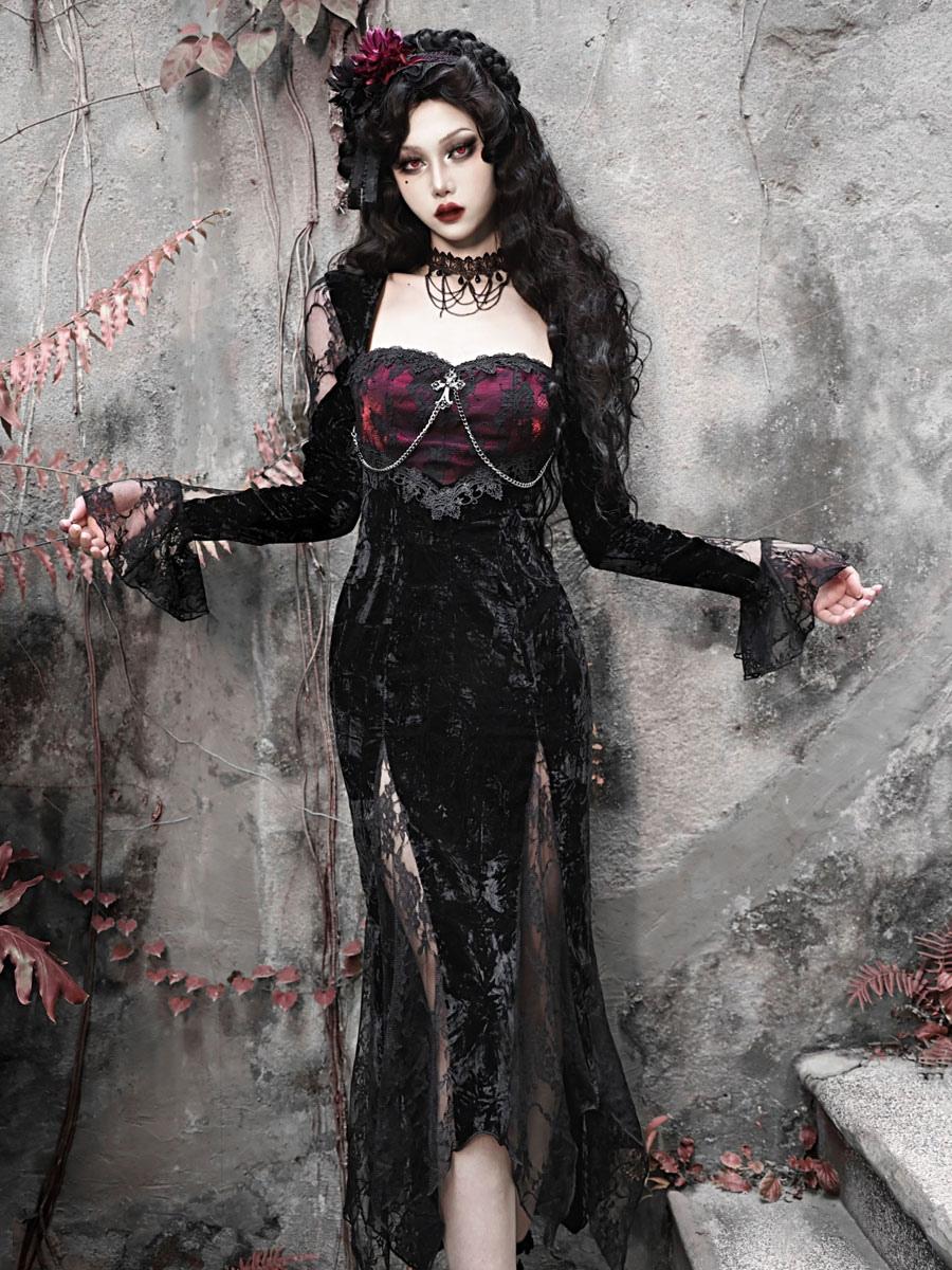 Velvet Maxi Dress with Lace Sleeves and Red Corset Velvet Maxi Dress with Lace Sleeves and Red Corset — Elegant Gothic Outfits