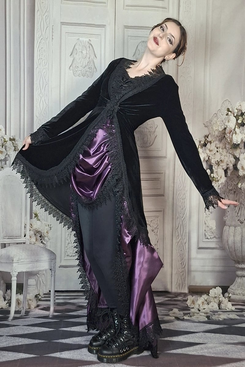 Black Velvet Coat Dress with Purple Satin Underskirt Black Velvet Coat Dress with Purple Satin Underskirt — Elegant Gothic Outfits