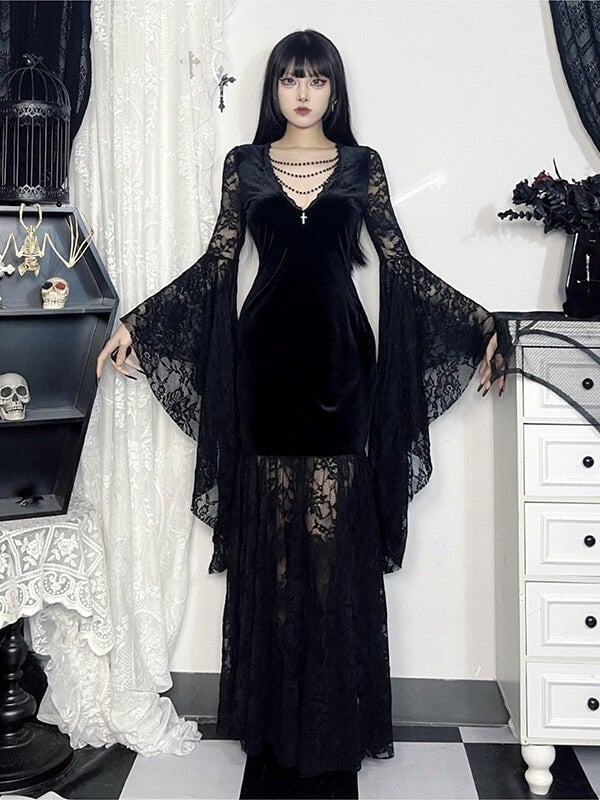 Black Velvet Dress with Dramatic Lace Bell Sleeves Black Velvet Dress with Dramatic Lace Bell Sleeves — Elegant Gothic Outfits