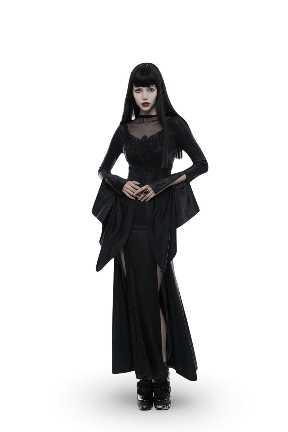 Gothic Maxi Dress with Sheer Mesh Neckline Gothic Maxi Dress with Sheer Mesh Neckline — Elegant Gothic Outfits