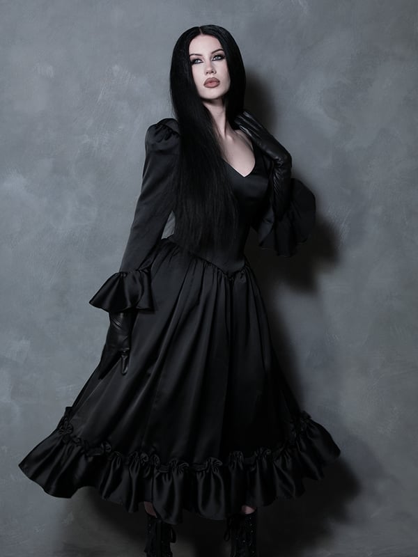 Black Satin Dress with Ruffled Sleeves and Hem Black Satin Dress with Ruffled Sleeves and Hem — Elegant Gothic Outfits