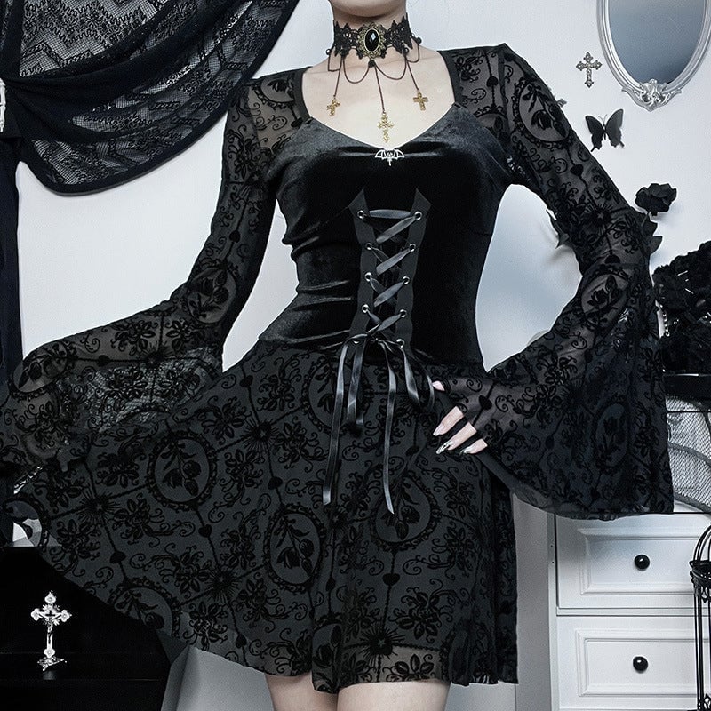 Black Velvet Dress with Lace Bell Sleeves, Close-Up Take Black Velvet Dress with Lace Bell Sleeves, Close-Up Take — Elegant Gothic Outfits