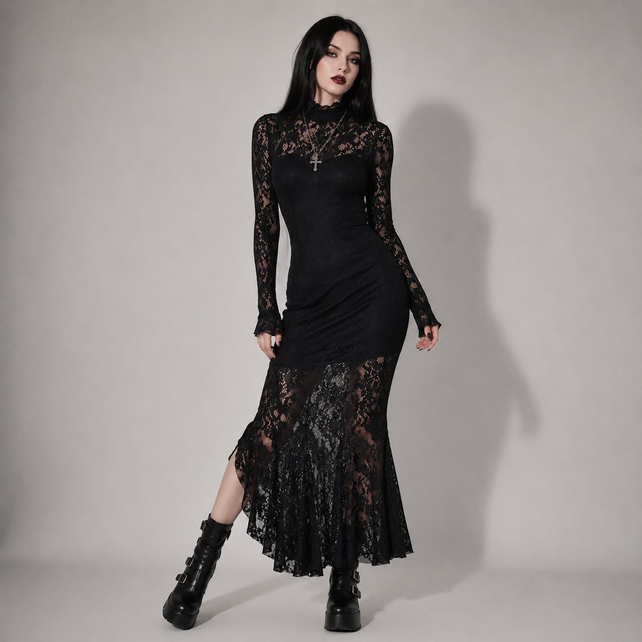 Long-Sleeved Black Lace Dress with Mermaid Hem Long-Sleeved Black Lace Dress with Mermaid Hem — Elegant Gothic Outfits