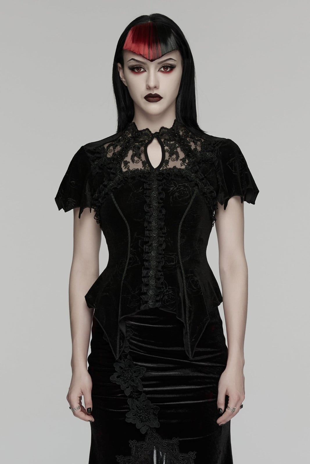 Black Velvet Peplum Top with Lace Details Black Velvet Peplum Top with Lace Details — Elegant Gothic Outfits