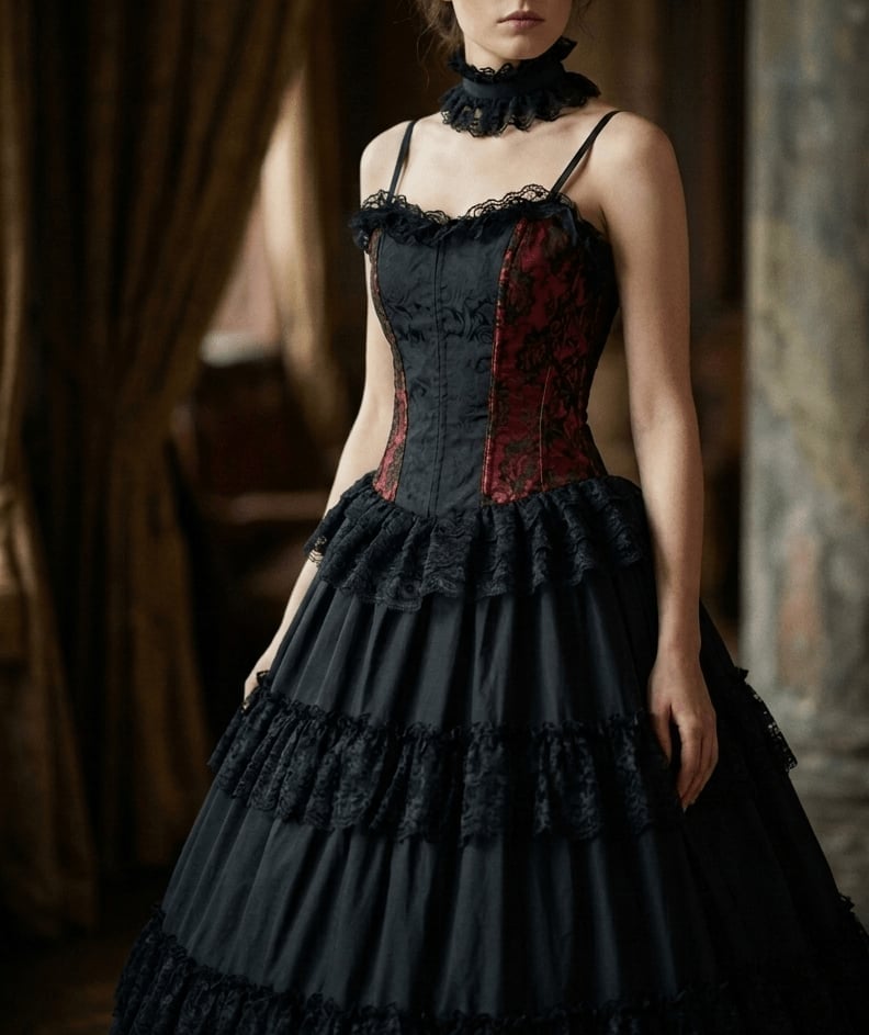 Corset Bodice Dress with Red Brocade Corset Bodice Dress with Red Brocade — Elegant Gothic Outfits