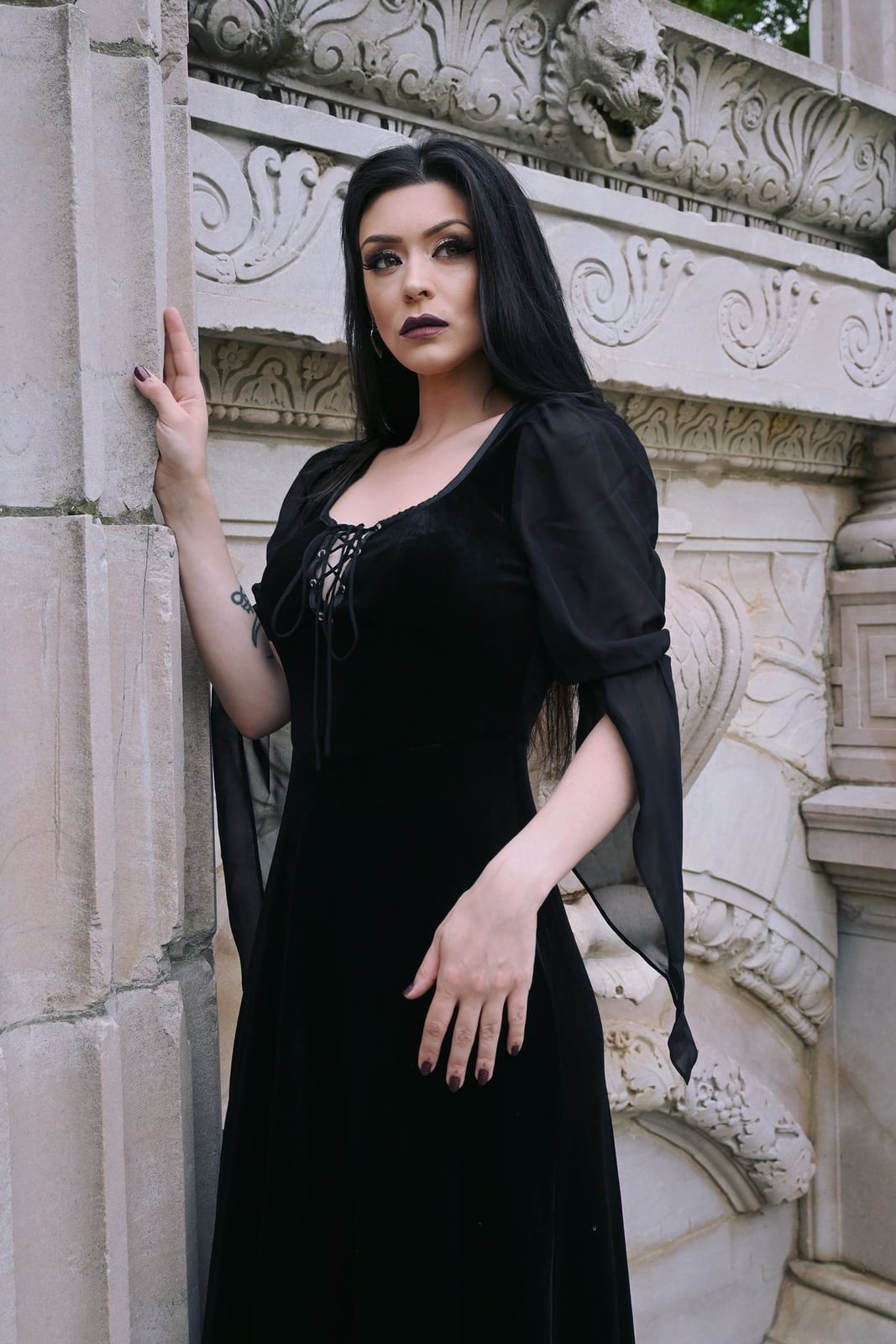 Black Velvet Maxi Dress with Sheer Sleeves Black Velvet Maxi Dress with Sheer Sleeves — Elegant Gothic Outfits