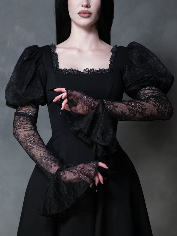 Black A-line Dress with Lace Gloves Black A-line Dress with Lace Gloves — Elegant Gothic Outfits