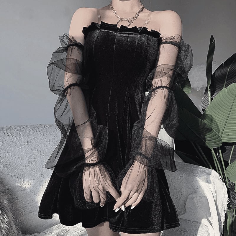 Velvet Mini Dress with Sheer Off-Shoulder Sleeves Velvet Mini Dress with Sheer Off-Shoulder Sleeves — Elegant Gothic Outfits